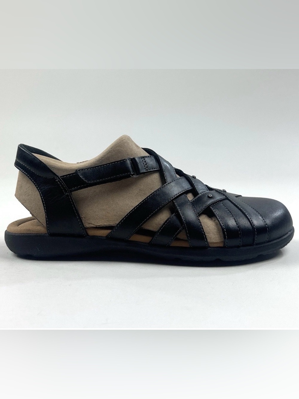 Clarks Elizabelle Sea Women 8.5 Black Leather Strappy Sandals Fisherman 26177120
